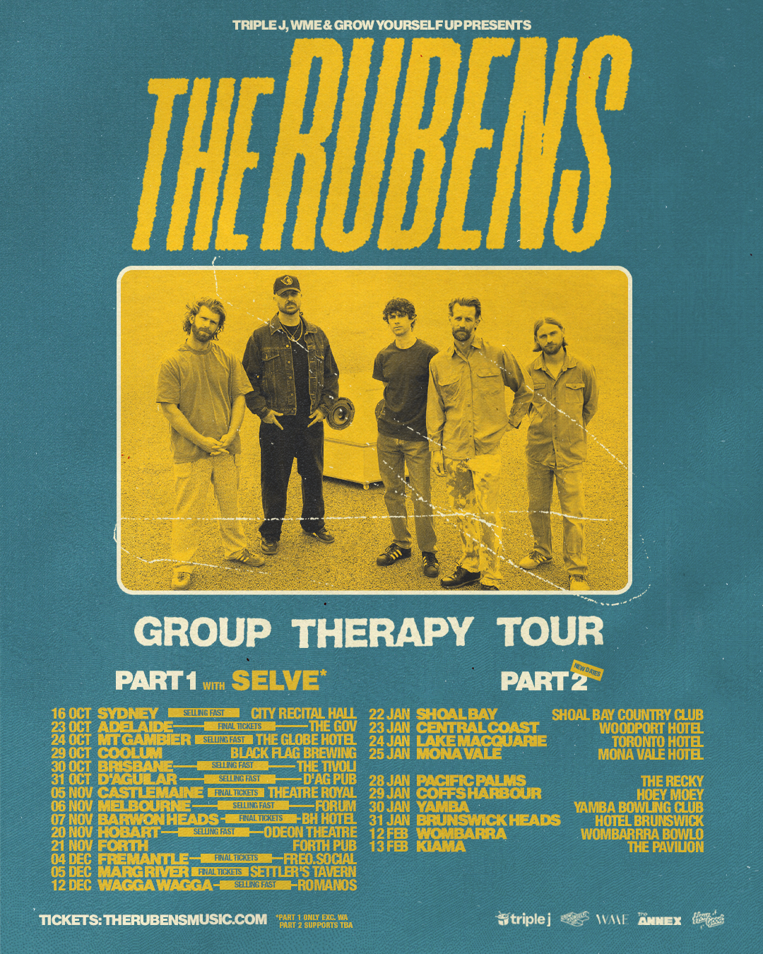 The Rubens Group Therapy Tour poster featuring a central band photo and Australian tour dates including Sydney, Adelaide, and Brisbane.